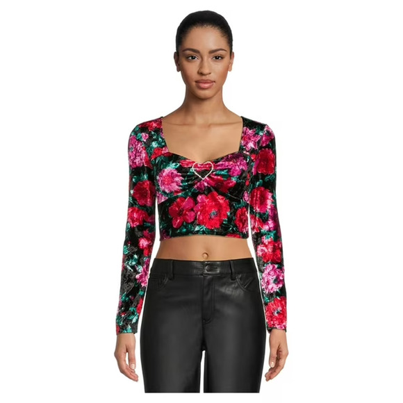 New York & Company Tops - Madden NYC Velour Top Rhinestone Heart M Floral Love Babydoll Whimsigoth Cropped